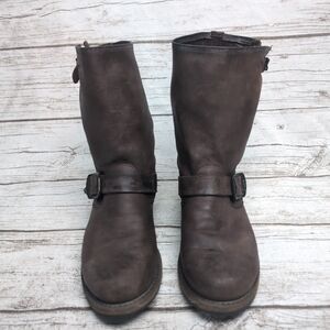 Frye Veronica Short Brown Leather Buckle Boots Moto Size Women 8